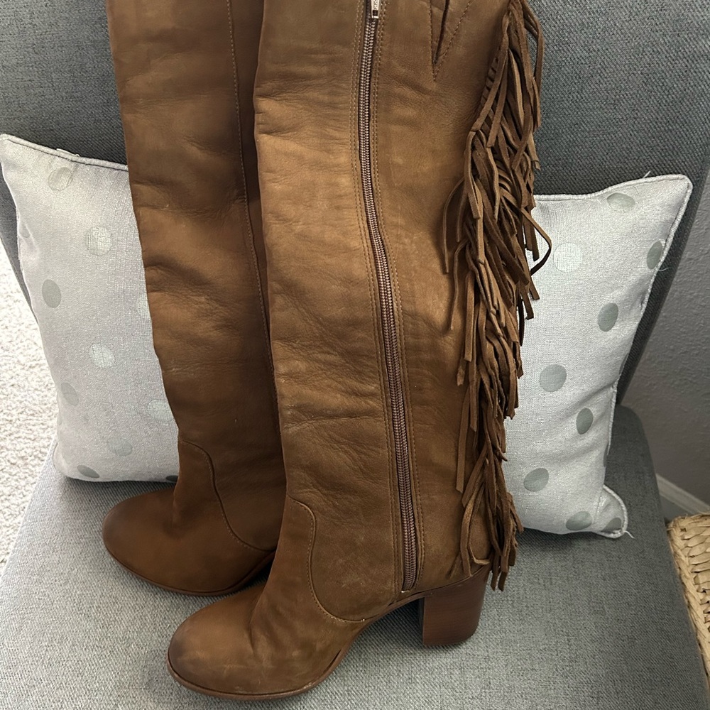 Brown Suede Heeled Boots with Fringe Detail - Picture 5 of 8